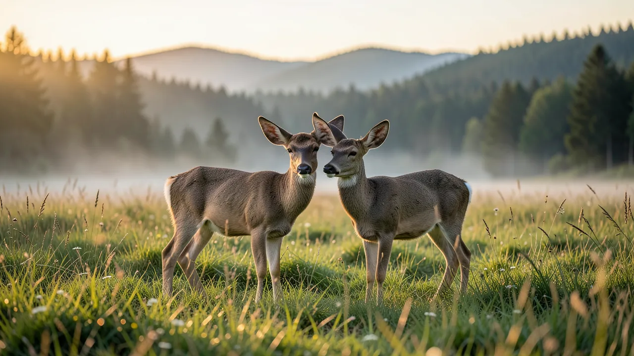 Zwei Rehe stehen in einer grünen Wiese bei Sonnenaufgang, umgeben von hohem Gras und feinem Dunst; im Hintergrund sind Wald und Hügel zu erkennen.
